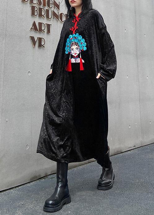 Style Stand Collar Tunics Runway Black Print a Line Dresses