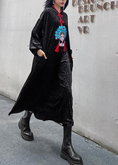 Style Stand Collar Tunics Runway Black Print a Line Dresses