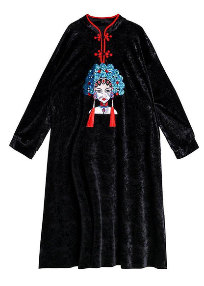 Style Stand Collar Tunics Runway Black Print a Line Dresses