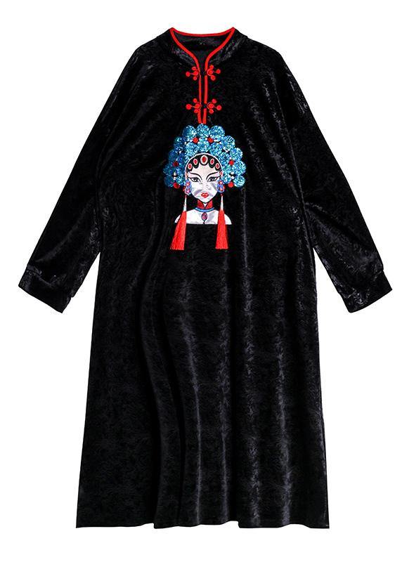 Style Stand Collar Tunics Runway Black Print a Line Dresses