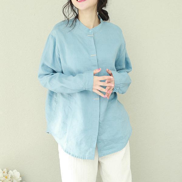 Style Stand Collar Linen Tops Blouses Sewing Green Short Blouses