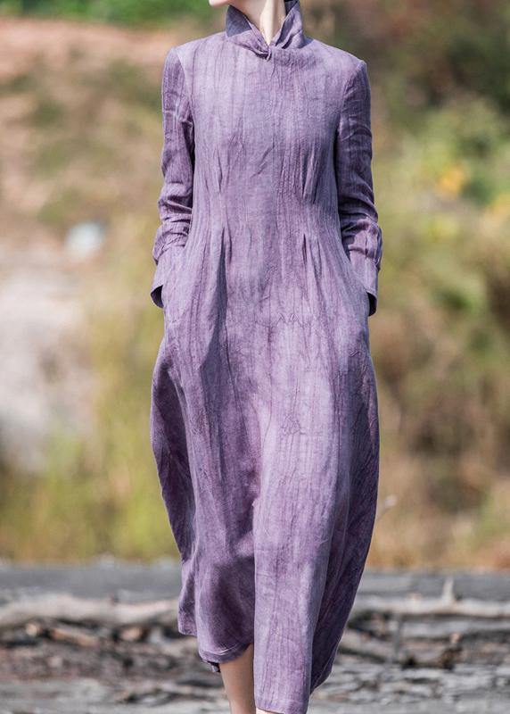Style Stand Collar Pockets Spring Dresses Tutorials Purple Dress