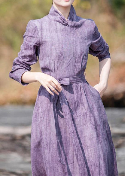 Style Stand Collar Pockets Spring Dresses Tutorials Purple Dress