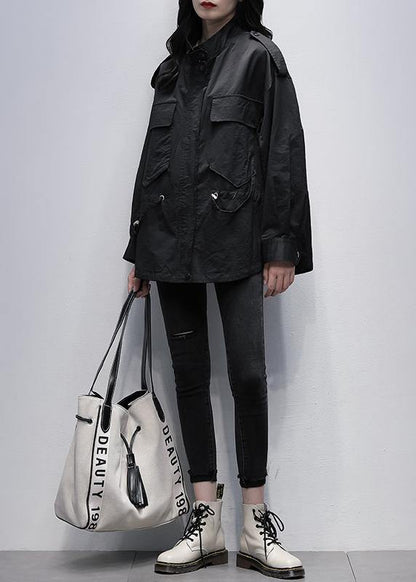Style Stand Collar Pockets Tunic Coat Black Print Loose Outwears