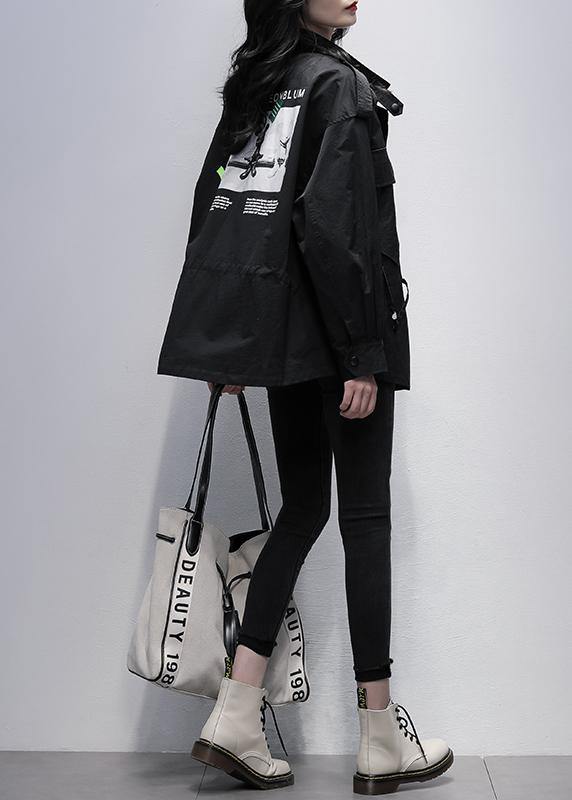 Style Stand Collar Pockets Tunic Coat Black Print Loose Outwears