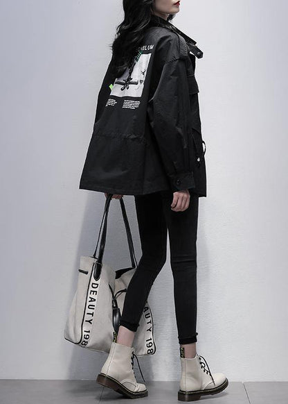 Style Stand Collar Pockets Tunic Coat Black Print Loose Outwears