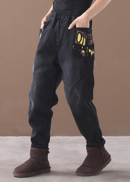 Style Thick Pants Elastic Waist Black Design Appliques Pants