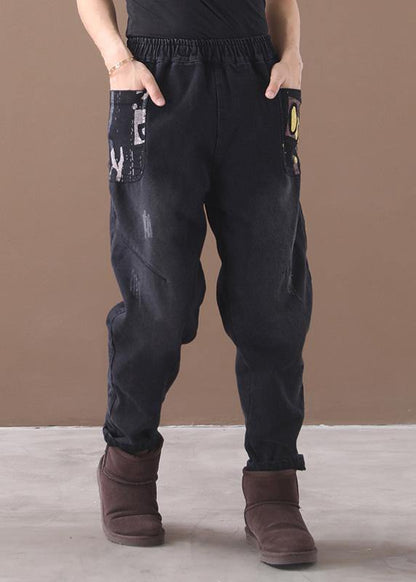 Style Thick Pants Elastic Waist Black Design Appliques Pants