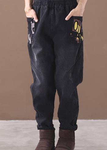 Style Thick Pants Elastic Waist Black Design Appliques Pants