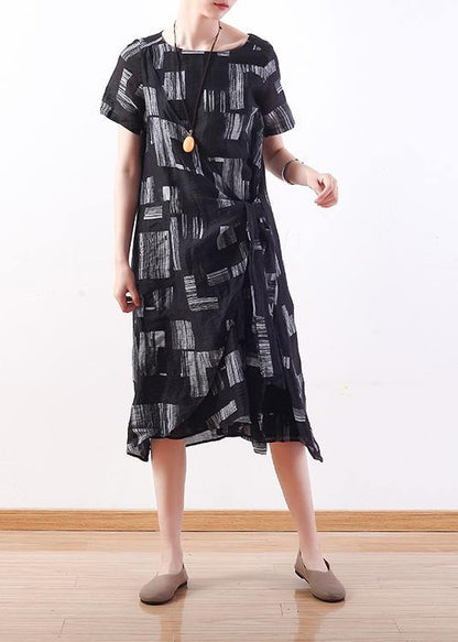 Style Tie Waist Linen Clothes Neckline Black Prints Dress Summer