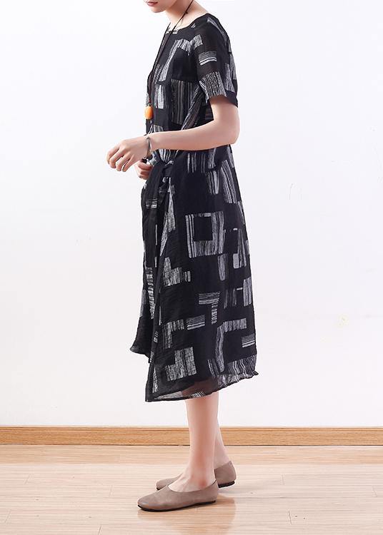 Style Tie Waist Linen Clothes Neckline Black Prints Dress Summer