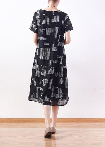 Style Tie Waist Linen Clothes Neckline Black Prints Dress Summer