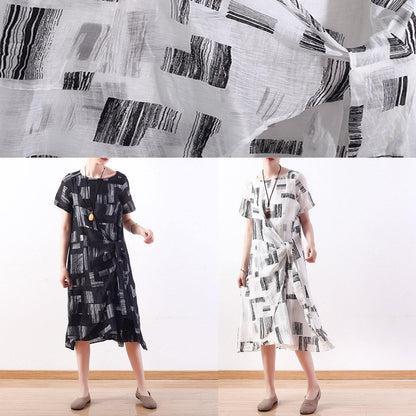 Style Tie Waist Linen Clothes Neckline Black Prints Dress Summer