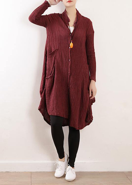 Style V Neck Asymmetric Linen Robes Neckline Burgundy Dress Fall