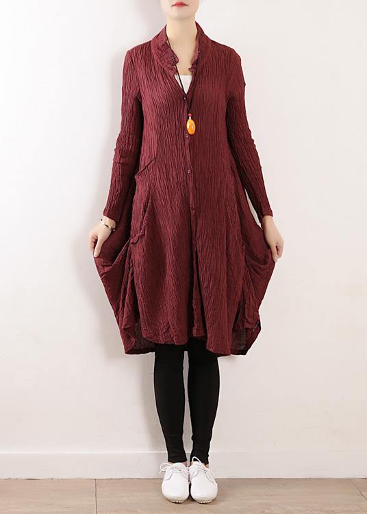 Style V Neck Asymmetric Linen Robes Neckline Burgundy Dress Fall
