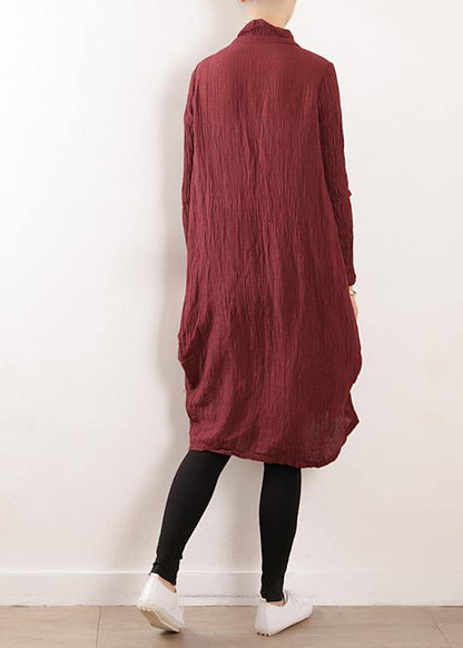 Style V Neck Asymmetric Linen Robes Neckline Burgundy Dress Fall
