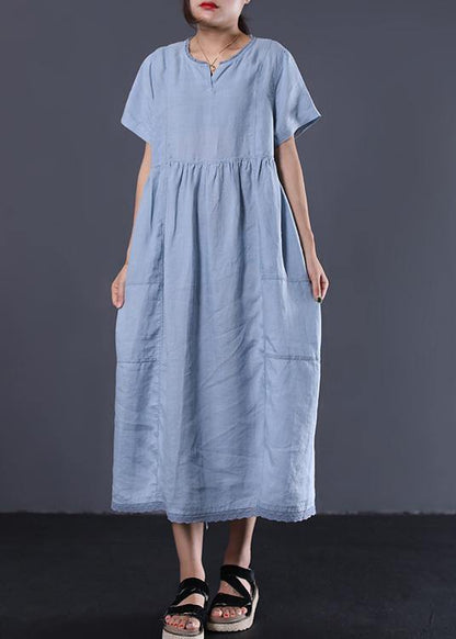 Style V Neck Linen Clothes for Work Outfits Light Blue Dress Summer