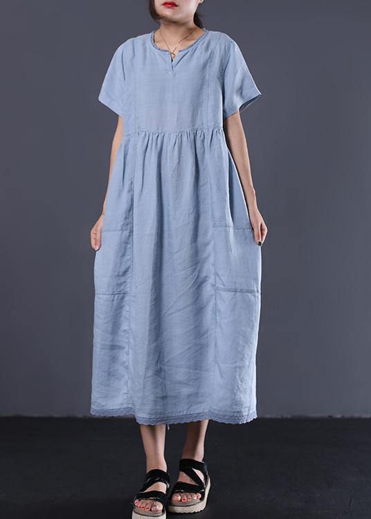 Style V Neck Linen Clothes for Work Outfits Light Blue Dress Summer