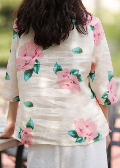 Style V Neck Linen Tunic Design Pink Print Blouse