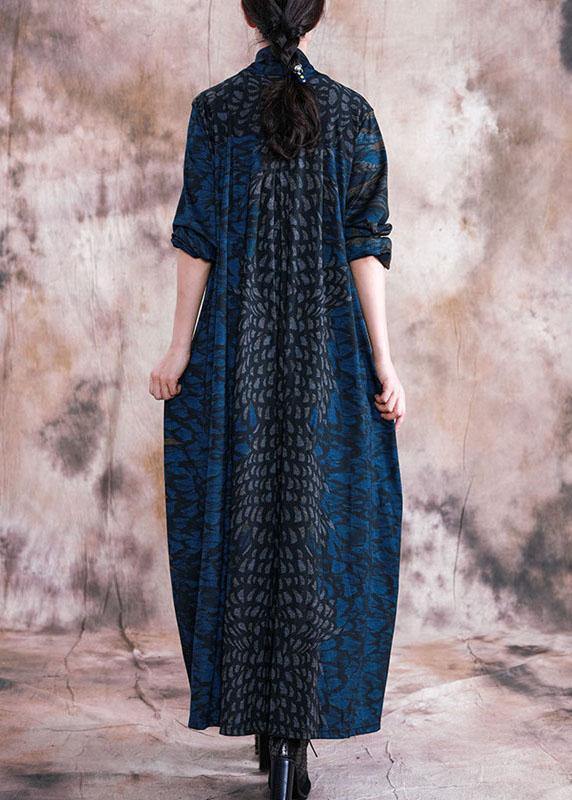 Style V Neck Pockets Outfits Blue Print Loose Dress Fall