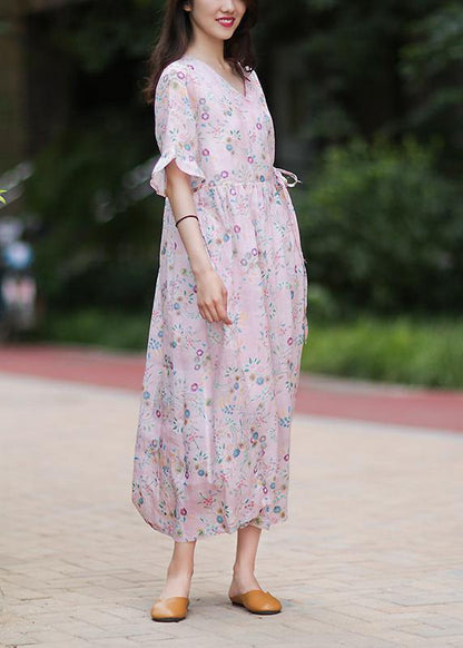 Style V Neck Tie Waist Linen Long Shirts Outfits Pink Print Dress