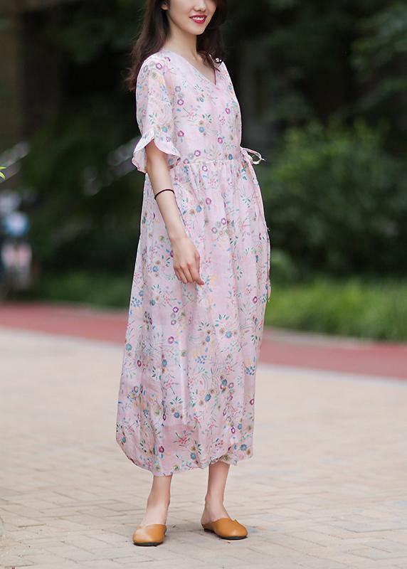 Style V Neck Tie Waist Linen Long Shirts Outfits Pink Print Dress
