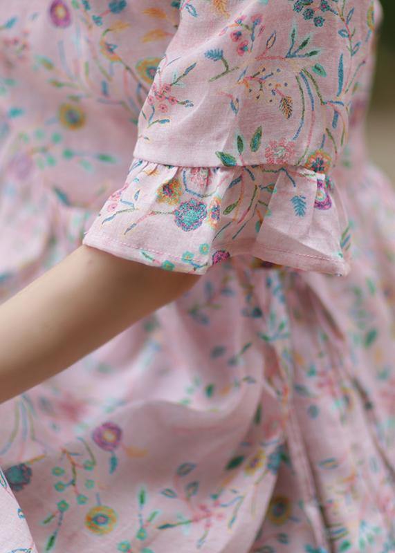 Style V Neck Tie Waist Linen Long Shirts Outfits Pink Print Dress