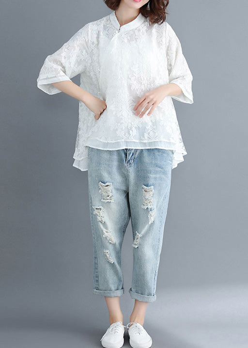 Style White Lace Top Silhouette Button Down Dresses Summer Blouse