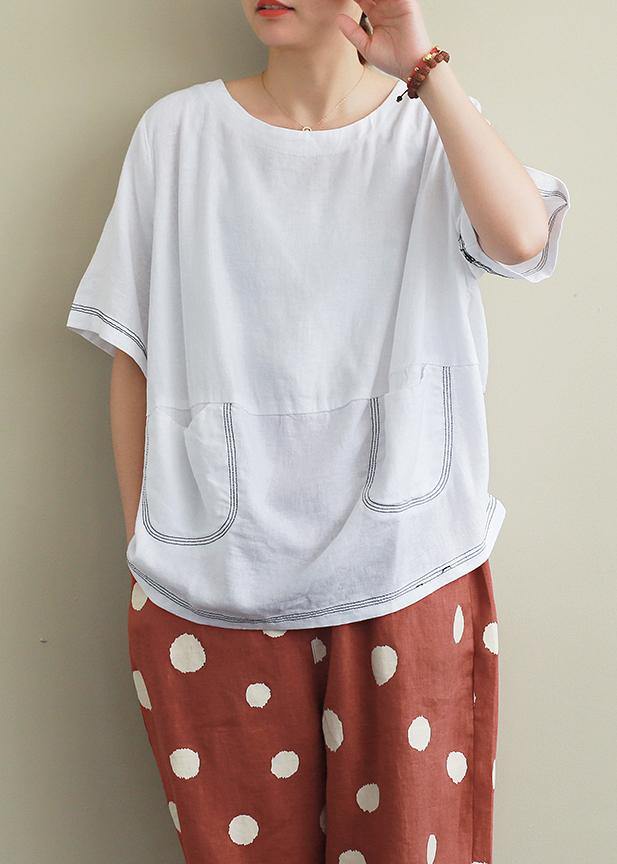 Style White Linen Crane Tops Sewing O Neck Open Wire Decoration Summer Shirts