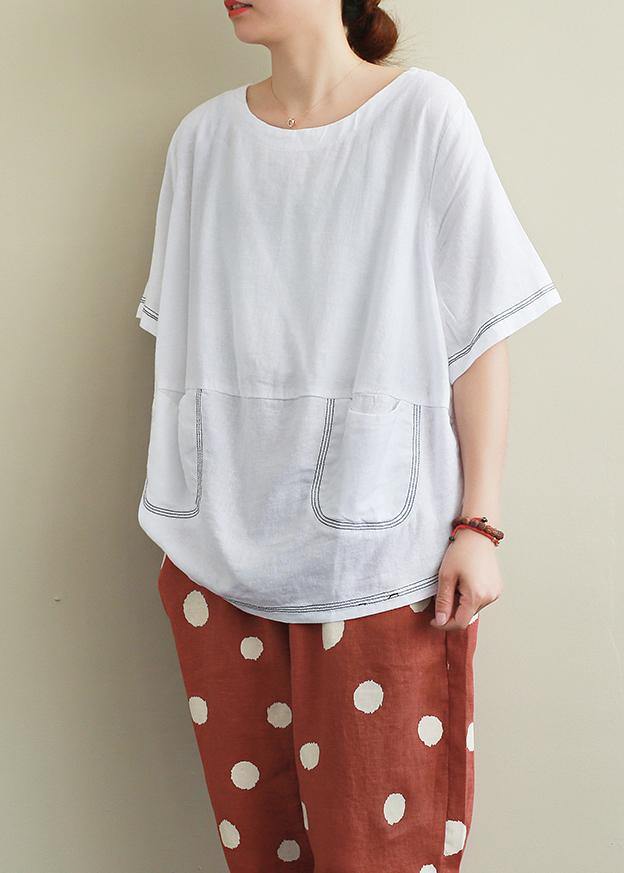 Style White Linen Crane Tops Sewing O Neck Open Wire Decoration Summer Shirts
