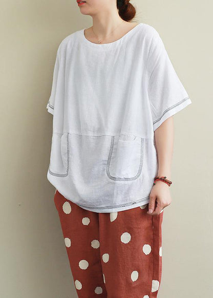 Style White Linen Crane Tops Sewing O Neck Open Wire Decoration Summer Shirts