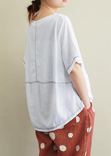 Style White Linen Crane Tops Sewing O Neck Open Wire Decoration Summer Shirts