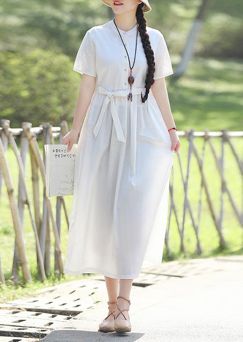 Style White Linen Quilting Dresses Tie Waist Robe Summer Dresses