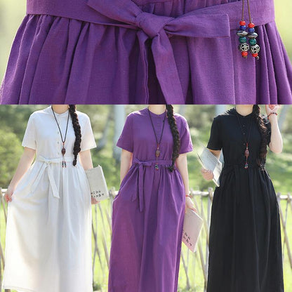 Style White Linen Quilting Dresses Tie Waist Robe Summer Dresses