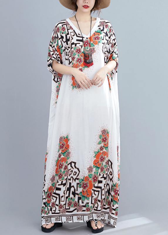 Style White Print Dress V Neck Batwing Sleeve Long Dresses