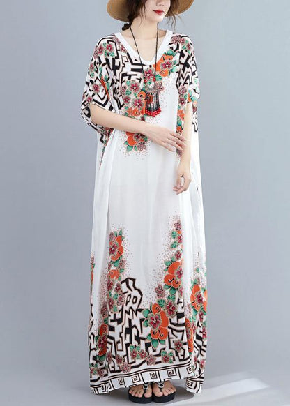 Style White Print Dress V Neck Batwing Sleeve Long Dresses