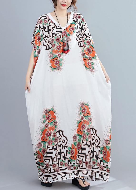 Style White Print Dress V Neck Batwing Sleeve Long Dresses