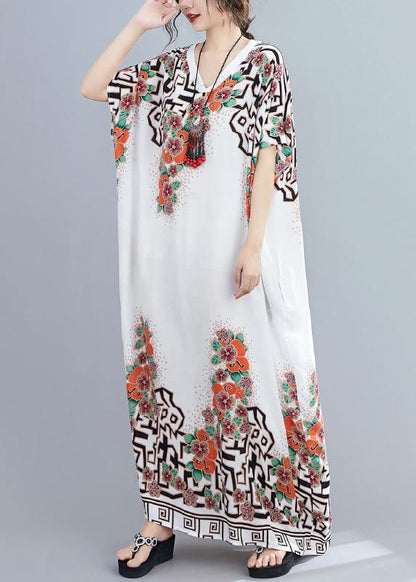 Style White Print Dress V Neck Batwing Sleeve Long Dresses