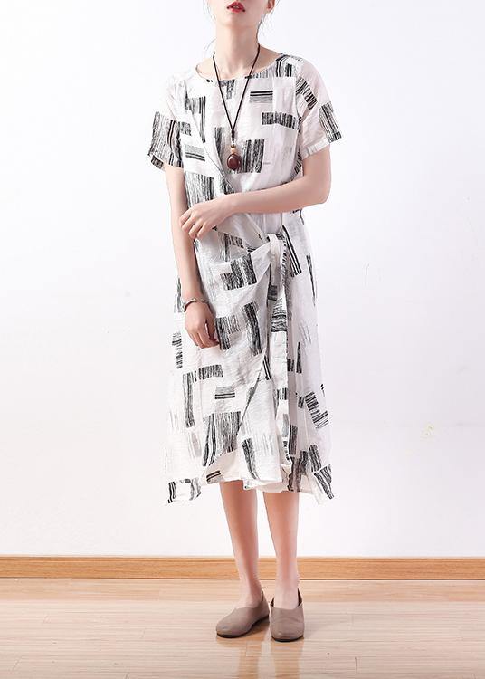 Style White Print Linen Dress O Neck Asymmetric a Line Dresses