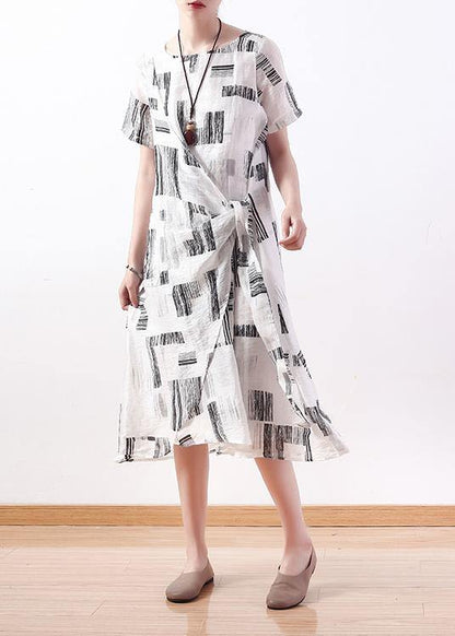 Style White Print Linen Dress O Neck Asymmetric a Line Dresses