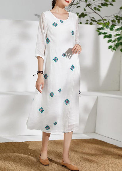 Style White Prints Linen Clothes for Bracelet Sleeved Kaftan O Neck Dresses