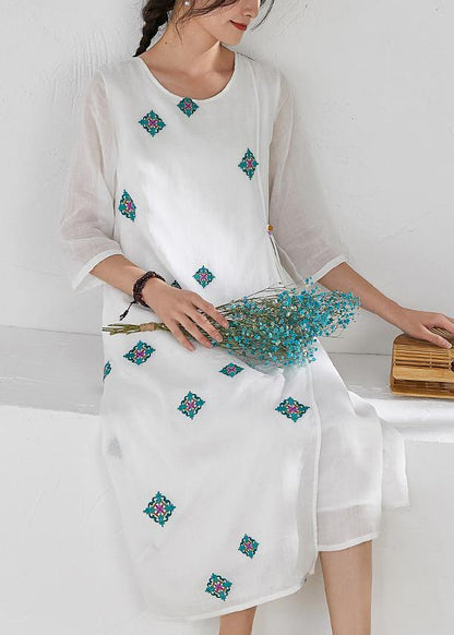 Style White Prints Linen Clothes for Bracelet Sleeved Kaftan O Neck Dresses