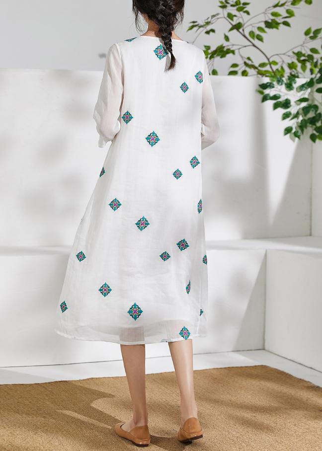 Style White Prints Linen Clothes for Bracelet Sleeved Kaftan O Neck Dresses