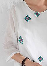 Style White Prints Linen Clothes for Bracelet Sleeved Kaftan O Neck Dresses