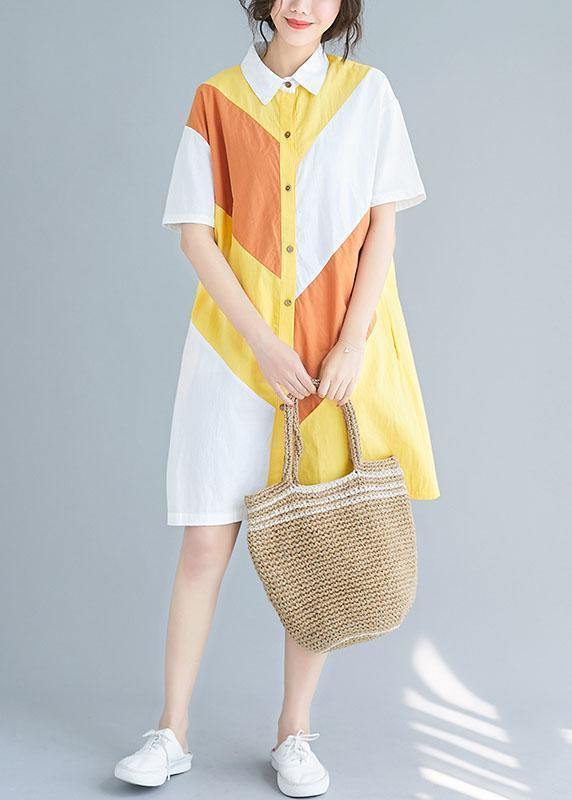 Style Yellow Cotton Tunics Lapel Patchwork Baggy Summer Dresses
