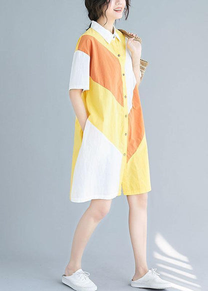 Style Yellow Cotton Tunics Lapel Patchwork Baggy Summer Dresses