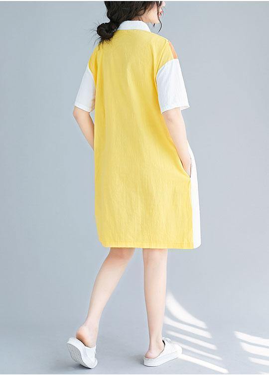Style Yellow Cotton Tunics Lapel Patchwork Baggy Summer Dresses