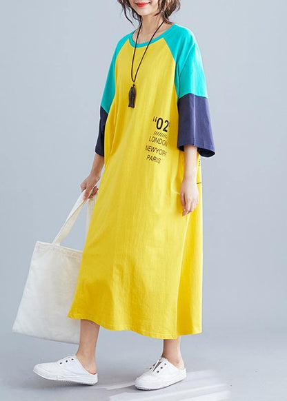 Style Yellow Patchwork Cotton Tunic Top O Neck Baggy Summer Blouse