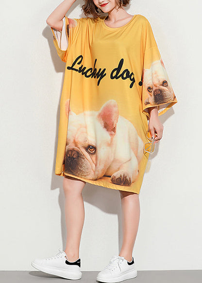 Style Yellow Print Cotton Tunic Pattern Sleeve O Neck Baggy Summer Dress