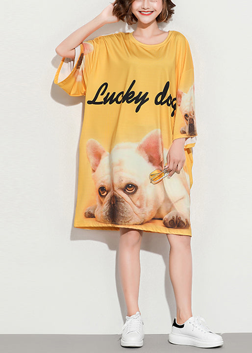 Style Yellow Print Cotton Tunic Pattern Sleeve O Neck Baggy Summer Dress